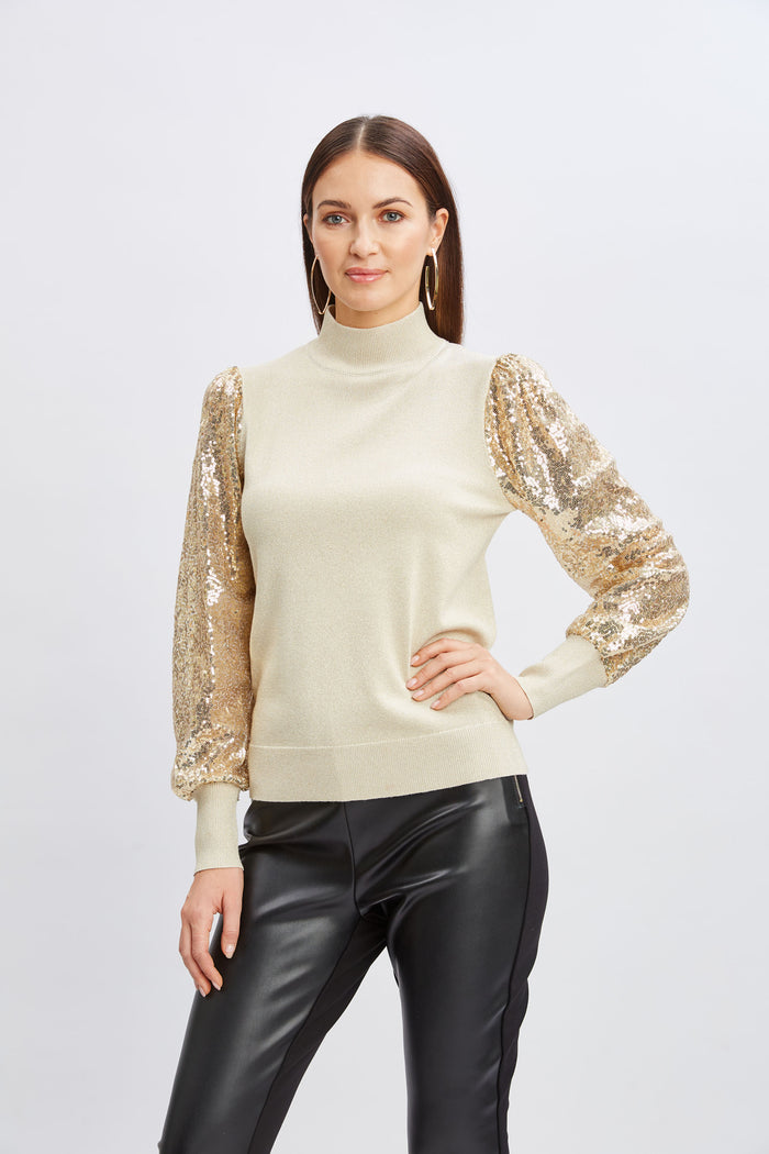 Elie Tahari T-Tahari Sequin Sleeve Mock Neck Sweater SATIN SHIMMER LUREX