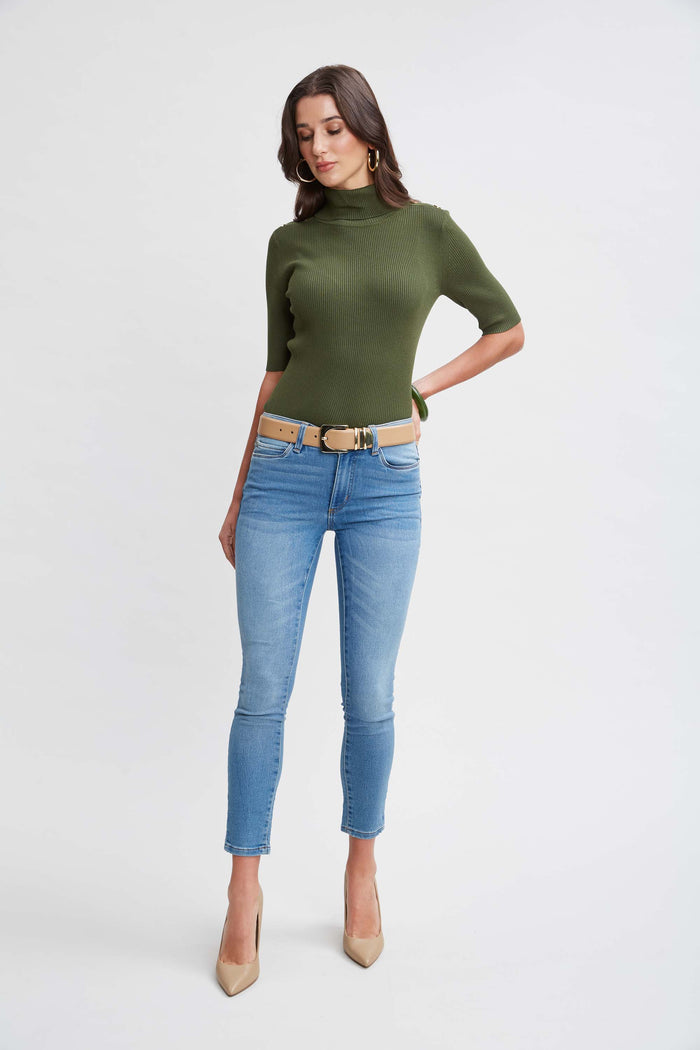 Elie Tahari T-Tahari Short Sleeve Button Sweater AUTUMN GREEN