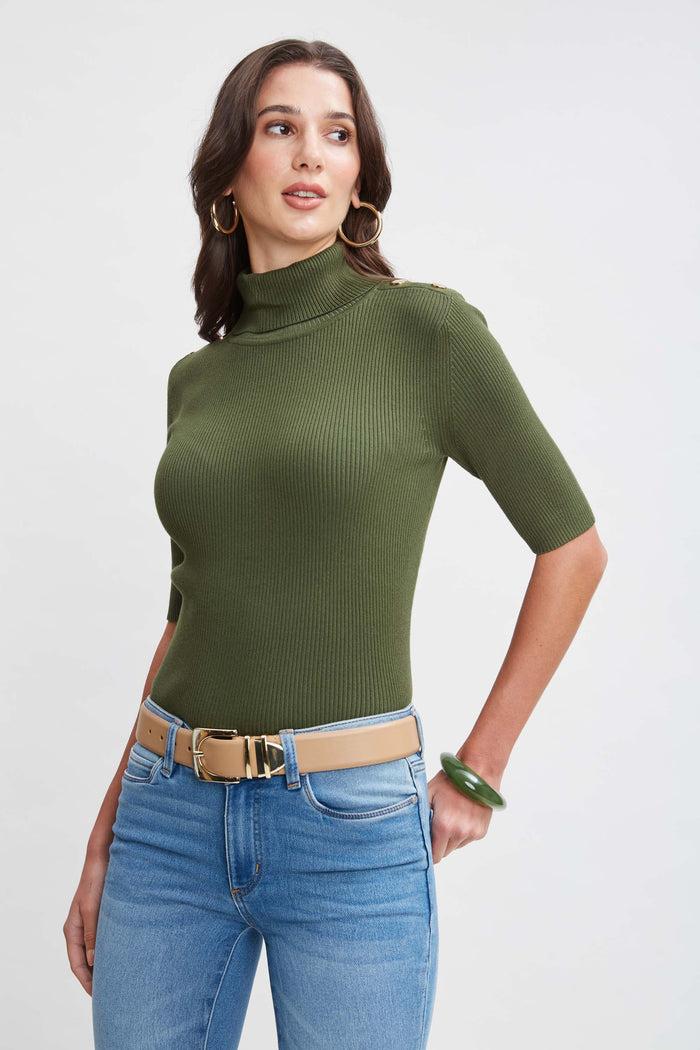 Elie Tahari T-Tahari Short Sleeve Button Sweater AUTUMN GREEN