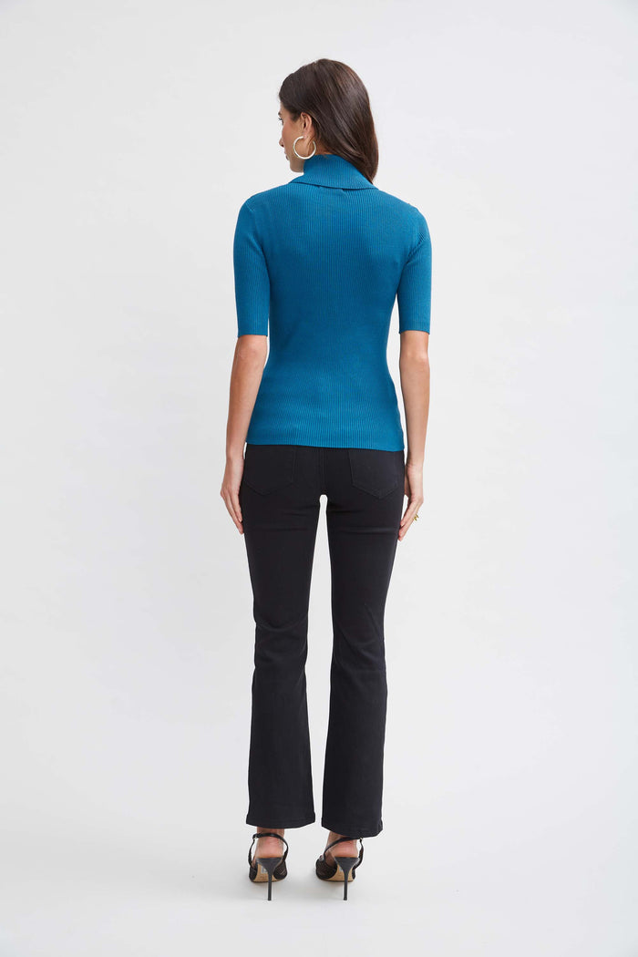 Elie Tahari T-Tahari Short Sleeve Button Sweater BLUE DIAMOND
