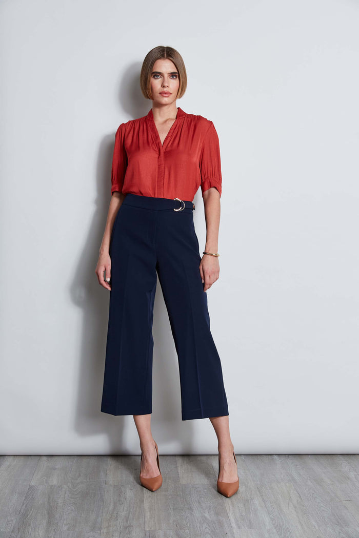 Elie Tahari T-Tahari Short Sleeve Pleated Neck Shirt FIRE BRICK