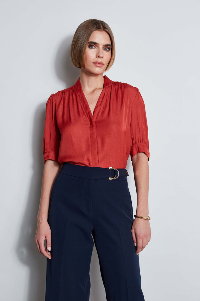 Elie Tahari T-Tahari Short Sleeve Pleated Neck Shirt FIRE BRICK