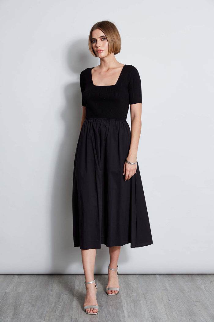 Elie Tahari T-Tahari Short Sleeve Square Neck Midi Dress BLACK