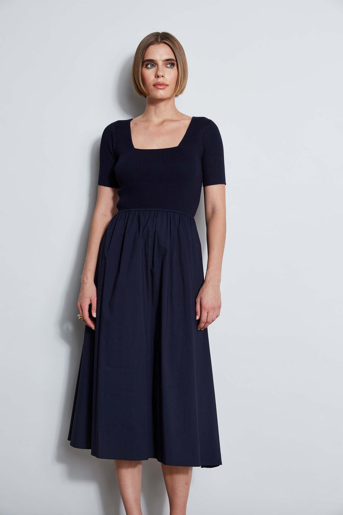 Elie Tahari T-Tahari Short Sleeve Square Neck Midi Dress NAVY