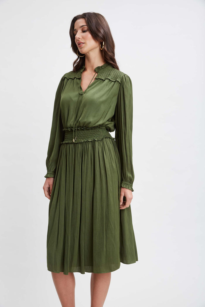 Elie Tahari T-Tahari Smocked Airflow Dress AUTUMN GREEN