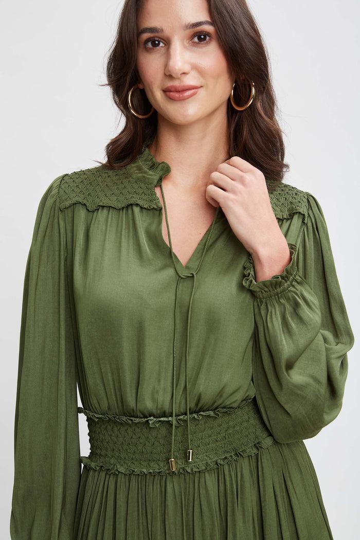 Elie Tahari T-Tahari Smocked Airflow Dress AUTUMN GREEN