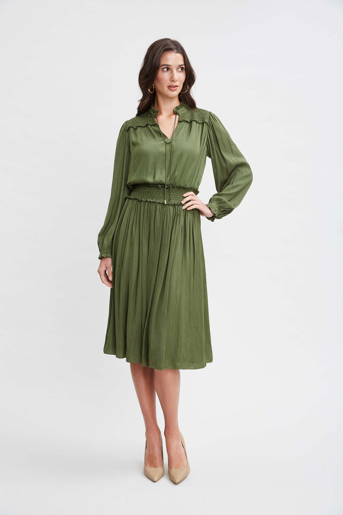 Elie Tahari T-Tahari Smocked Airflow Dress AUTUMN GREEN