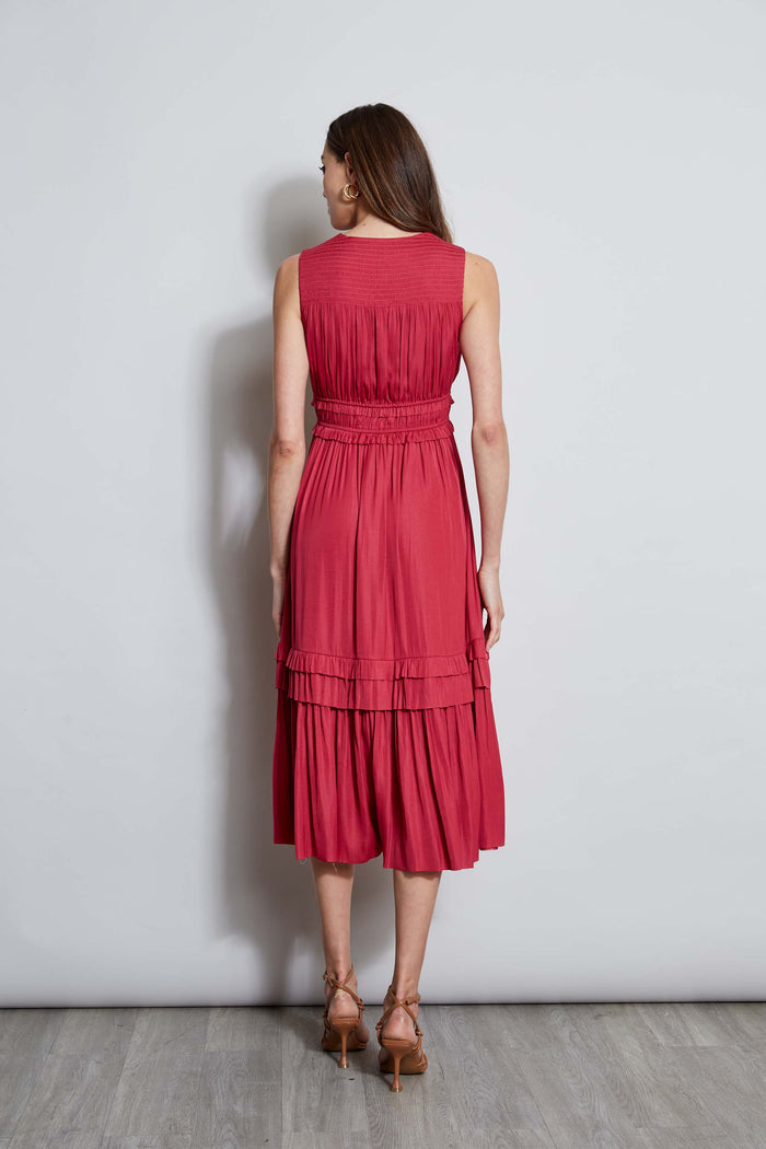 Elie Tahari T-Tahari Smocked Sleeveless Midi Dress CORSAGE