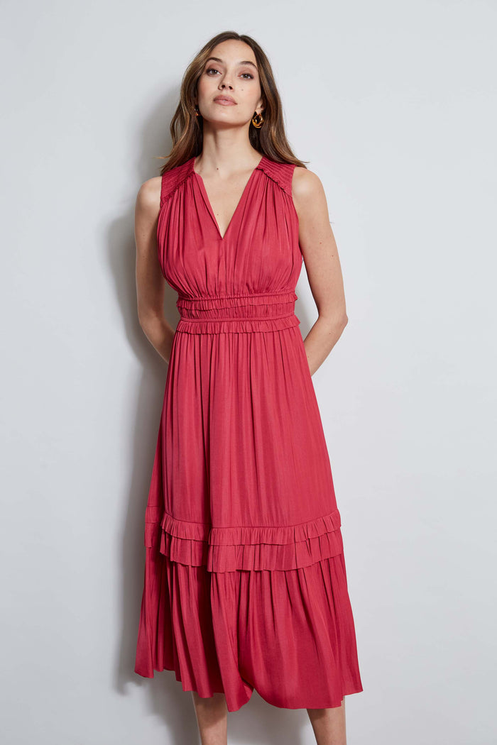 Elie Tahari T-Tahari Smocked Sleeveless Midi Dress CORSAGE