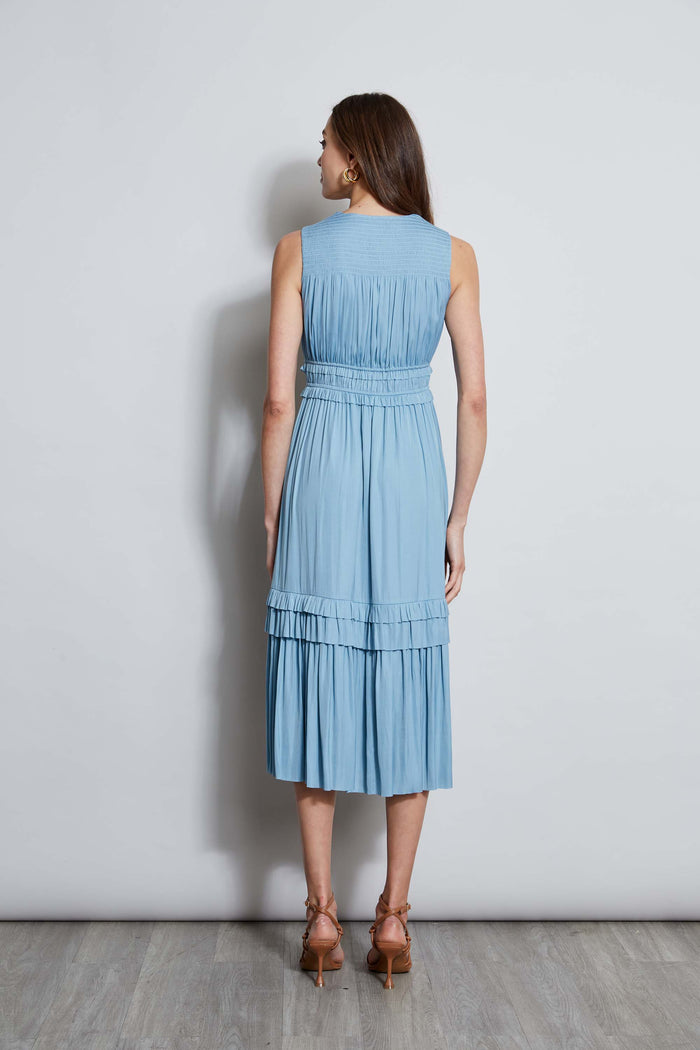 Elie Tahari T-Tahari Smocked Sleeveless Midi Dress SEA STAR