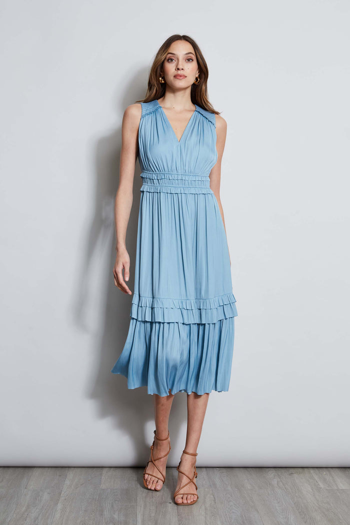 Elie Tahari T-Tahari Smocked Sleeveless Midi Dress SEA STAR