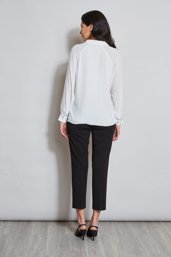 Elie Tahari T-Tahari Split Neck Long Sleeve Shirt WHITE STAR