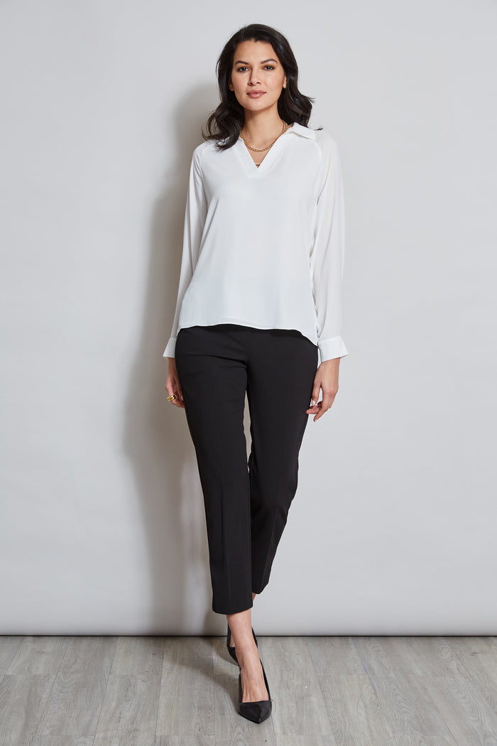 Elie Tahari T-Tahari Split Neck Long Sleeve Shirt WHITE STAR