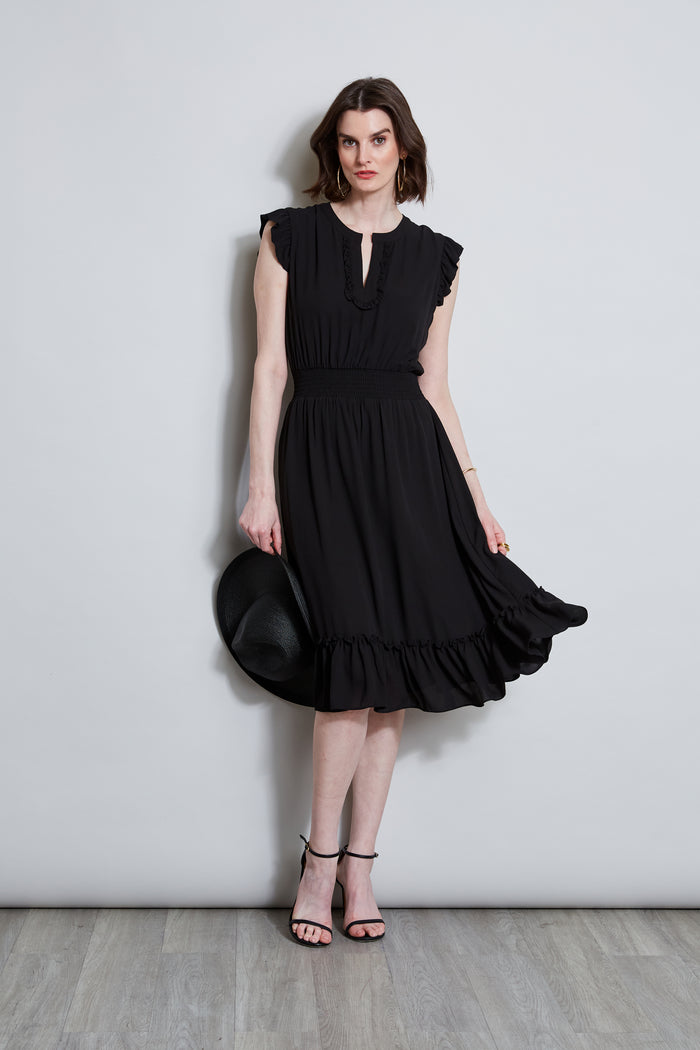 Elie Tahari T-Tahari Split Neck Ruffle Midi Dress BLACK