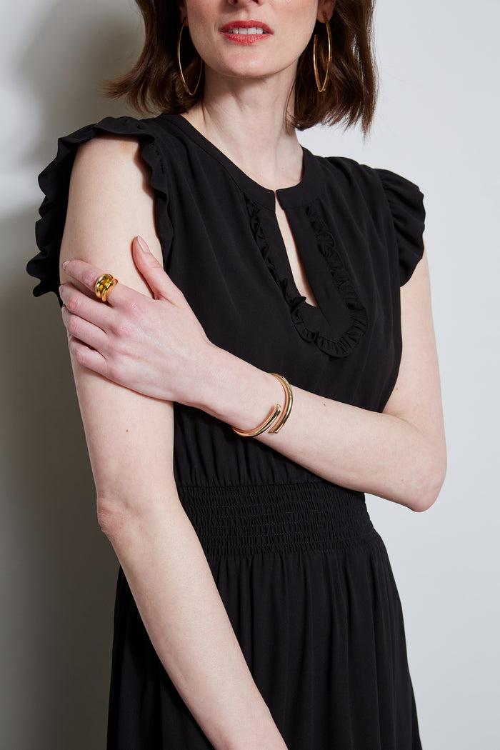 Elie Tahari T-Tahari Split Neck Ruffle Midi Dress BLACK