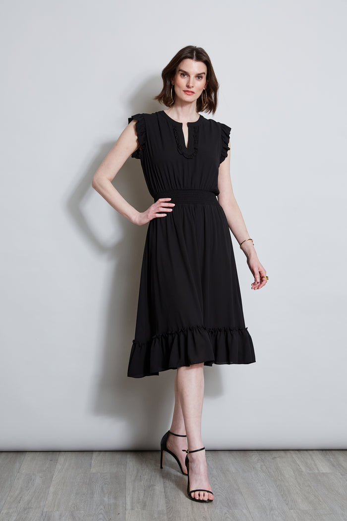 Elie Tahari T-Tahari Split Neck Ruffle Midi Dress BLACK