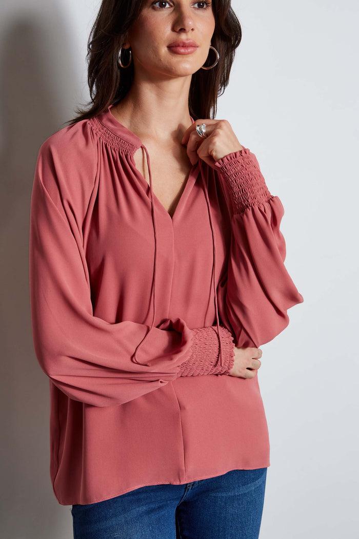 Elie Tahari T-Tahari Split Neck Tie Shirt VELVET ROSE