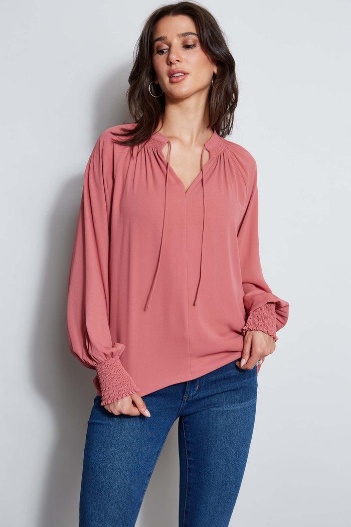 Elie Tahari T-Tahari Split Neck Tie Shirt VELVET ROSE