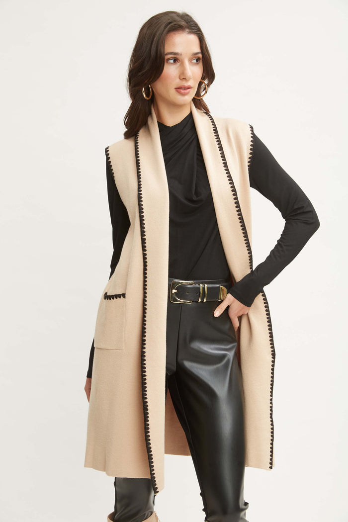 Elie Tahari T-Tahari Stitched Sweater Vest TOASTED ALMOND