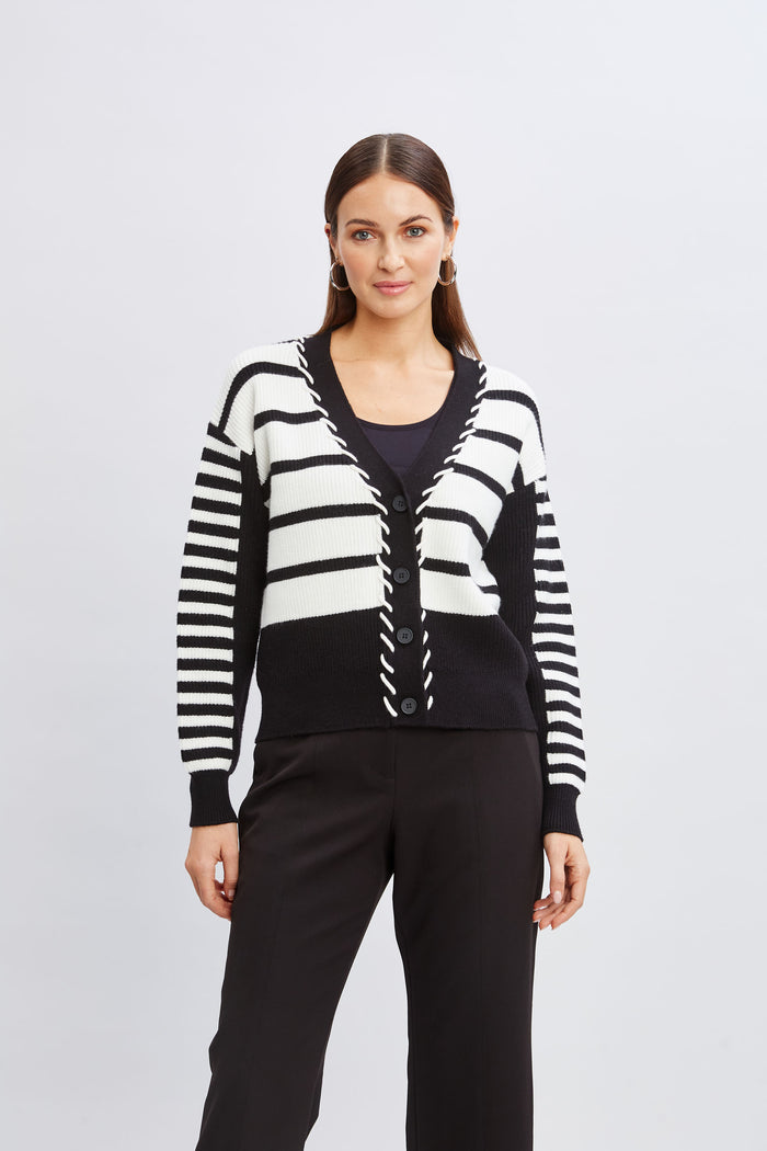 Elie Tahari T-Tahari Stripe Stitch Cardigan BLACK/WHITE STAR