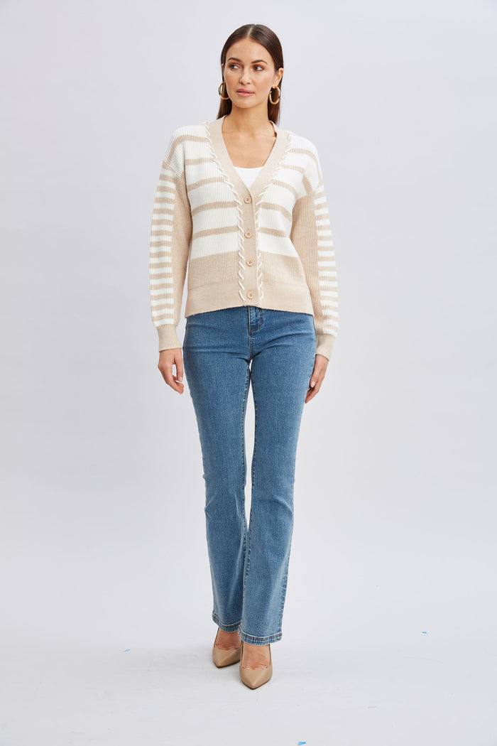 Elie Tahari T-Tahari Stripe Stitch Cardigan SOFT TAN/WHITE STAR