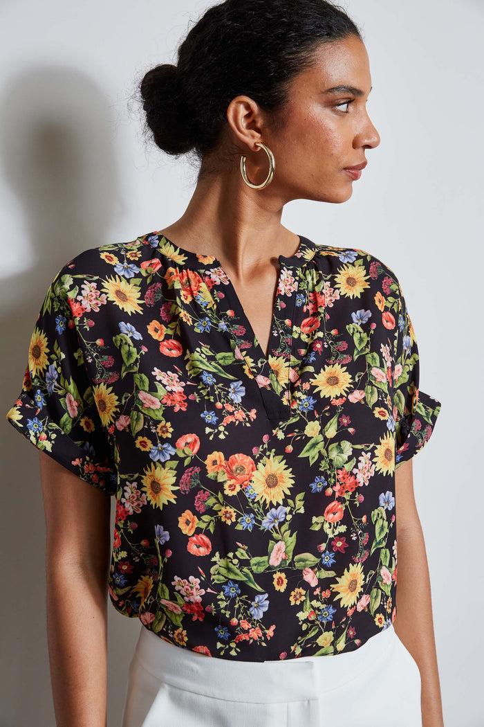 Elie Tahari T-Tahari Sunray Garden Short Sleeve Shirt SUNRAY GARDEN PRINT (BLACK)