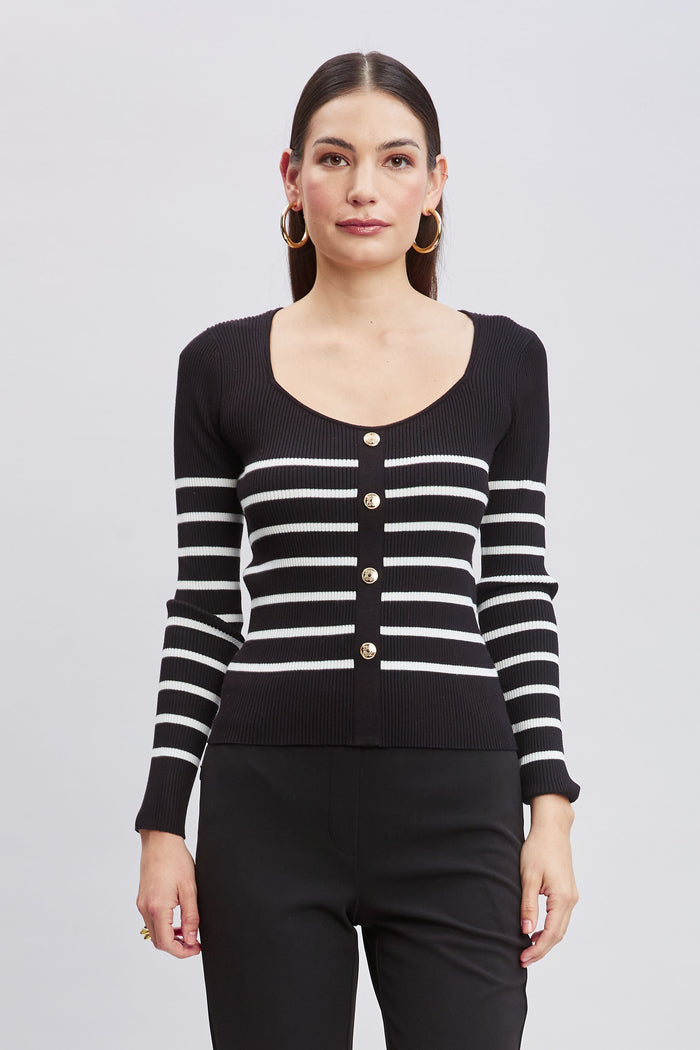 Elie Tahari T-Tahari Sweetheart Stripe Sweater BLACK/WHITE STAR