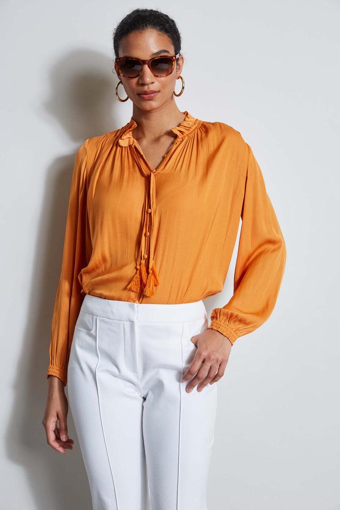 Elie Tahari T-Tahari Tie Neck Airflow Shirt ORANGE BLOSSOM