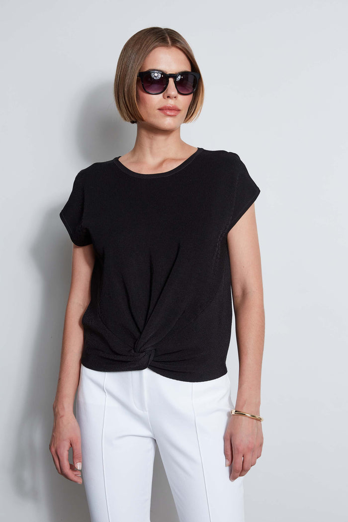Elie Tahari T-Tahari Twist Knot Short Sleeve Sweater BLACK