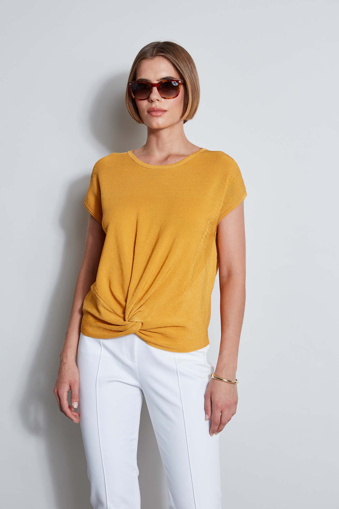 Elie Tahari T-Tahari Twist Knot Short Sleeve Sweater LIGHT SAFFRON