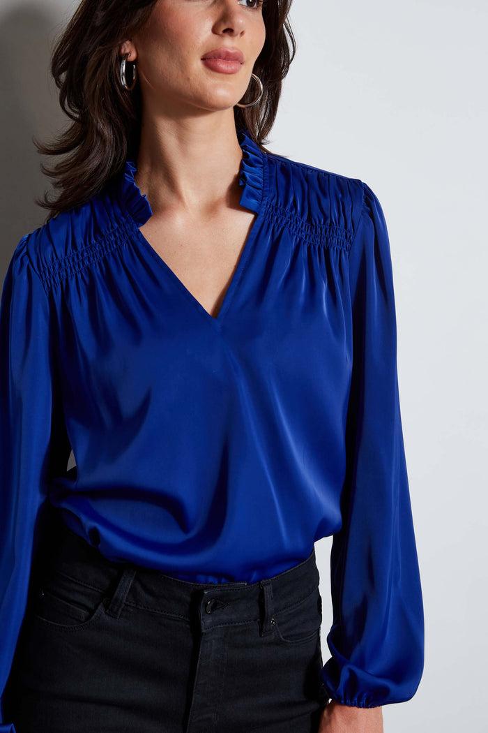 Elie Tahari T-Tahari V-Neck Satin Blouson Shirt SAPPHIRE STONE