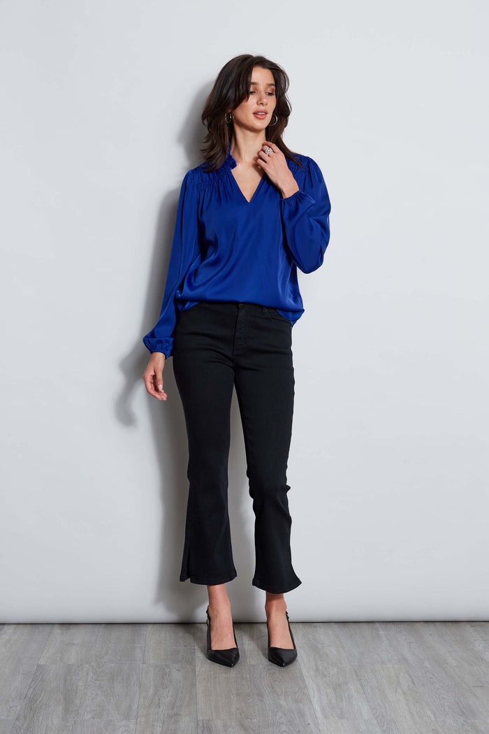 Elie Tahari T-Tahari V-Neck Satin Blouson Shirt SAPPHIRE STONE