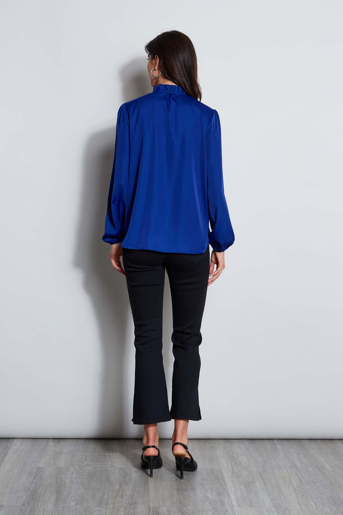 Elie Tahari T-Tahari V-Neck Satin Blouson Shirt SAPPHIRE STONE