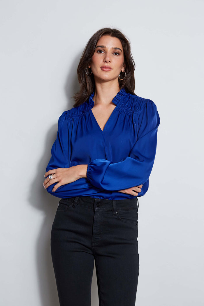 Elie Tahari T-Tahari V-Neck Satin Blouson Shirt SAPPHIRE STONE