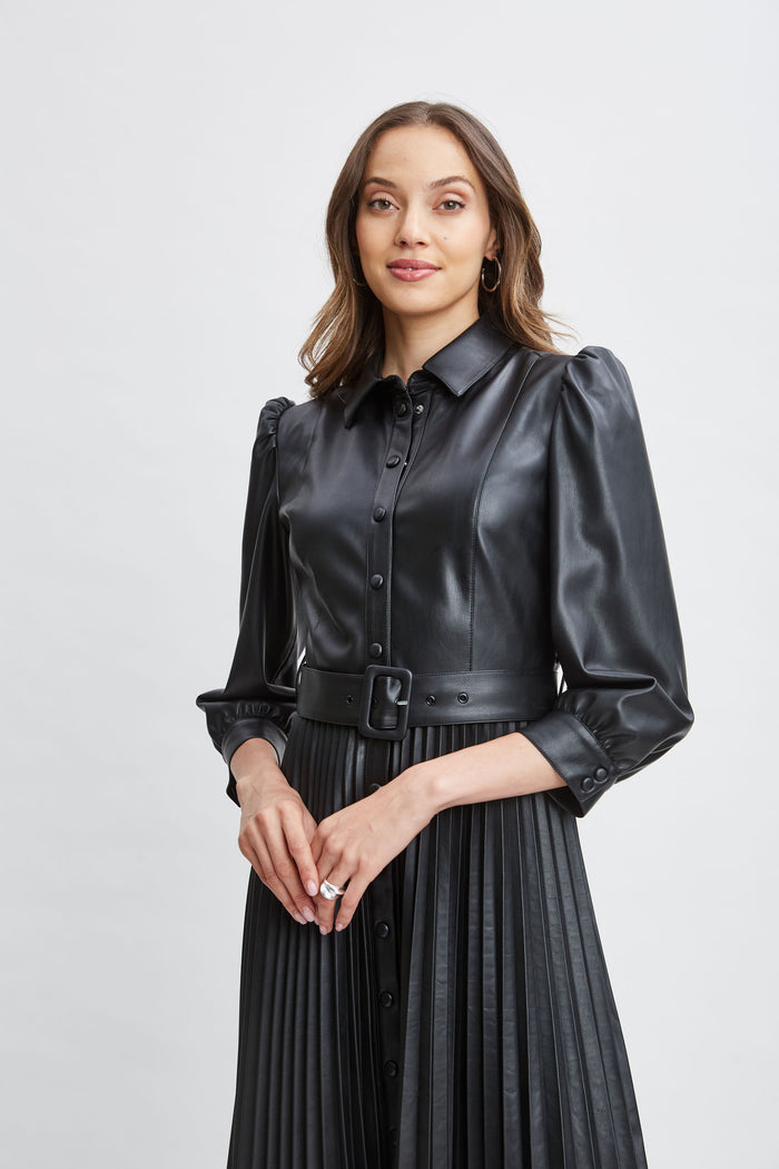 Elie Tahari T-Tahari Vegan Leather Pleated Dress BLACK