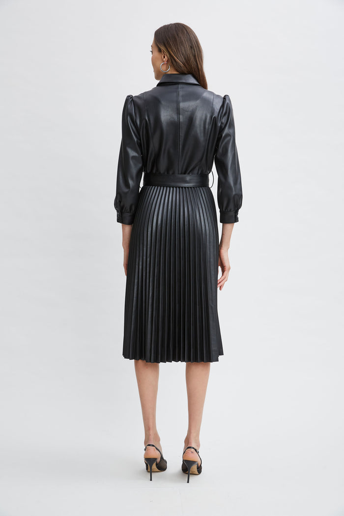 Elie Tahari T-Tahari Vegan Leather Pleated Dress BLACK