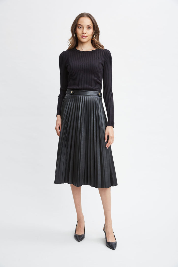 Elie Tahari T-Tahari Vegan Leather Pleated Midi Skirt BLACK
