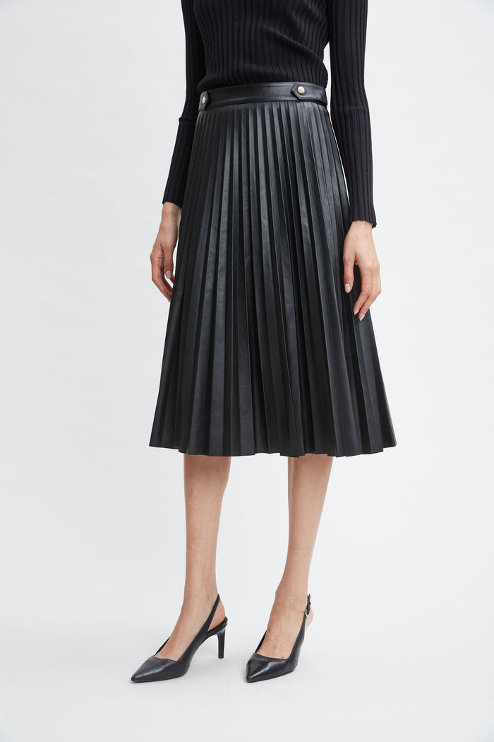 Elie Tahari T-Tahari Vegan Leather Pleated Midi Skirt BLACK