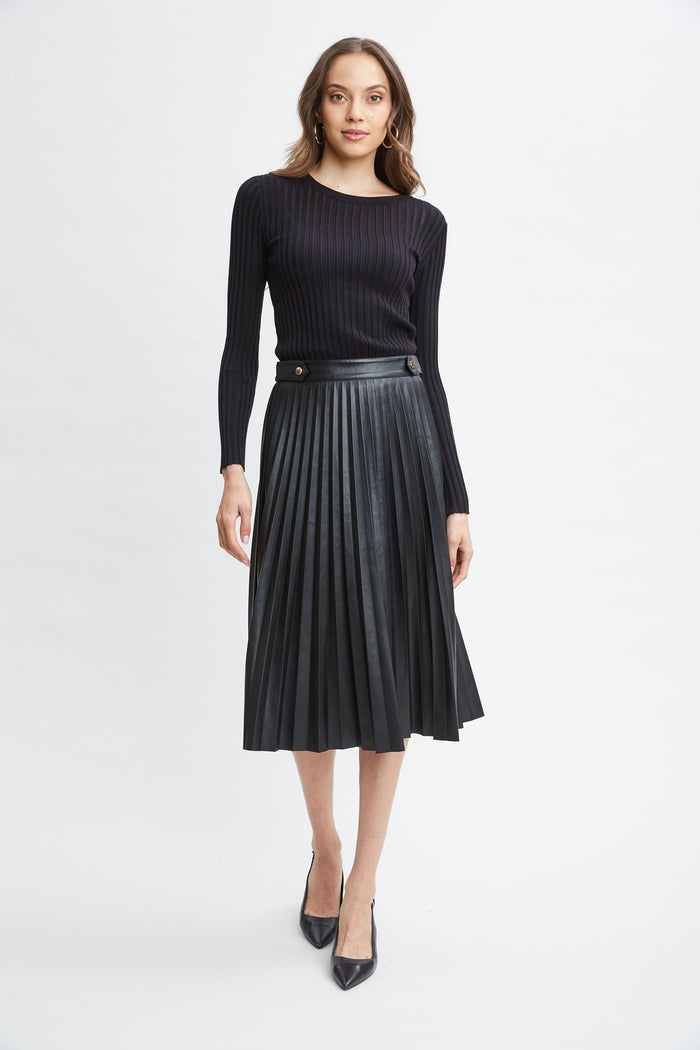 Elie Tahari T-Tahari Vegan Leather Pleated Midi Skirt BLACK