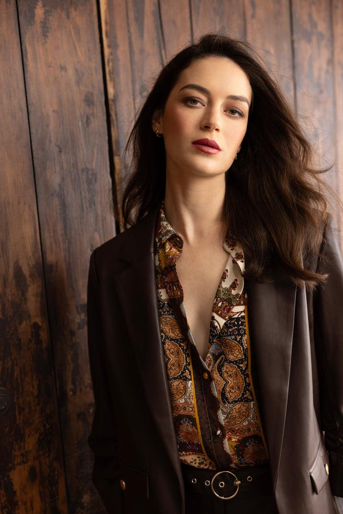 Elie Tahari T-Tahari Vegan Leather Ruched Sleeve Blazer Red Wood (original)