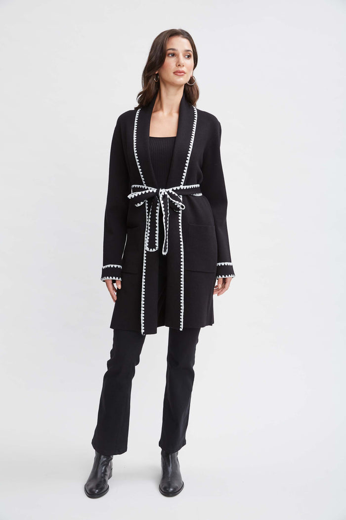 Elie Tahari T-Tahari Whipstitch Belted Cardigan BLACK