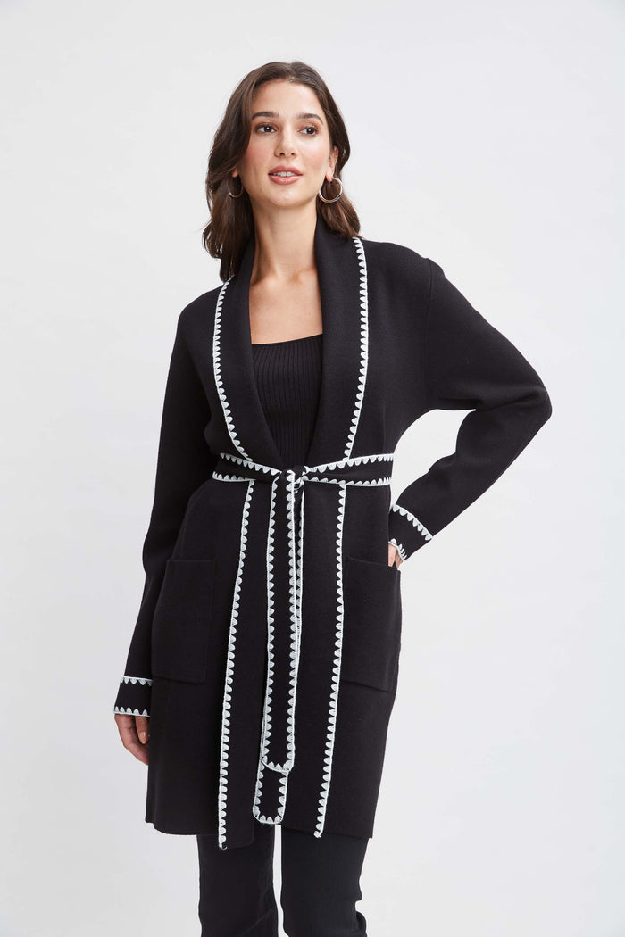 Elie Tahari T-Tahari Whipstitch Belted Cardigan BLACK