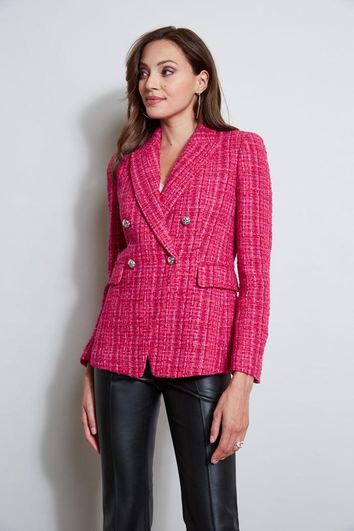 Elie Tahari Tweed Double Breasted Blazer ELECTRIC PINK