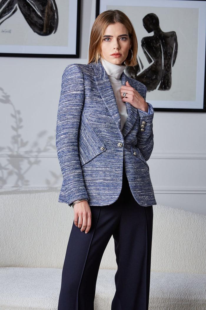 Elie Tahari Tweed Panel Single Button Blazer BLUE MULTI