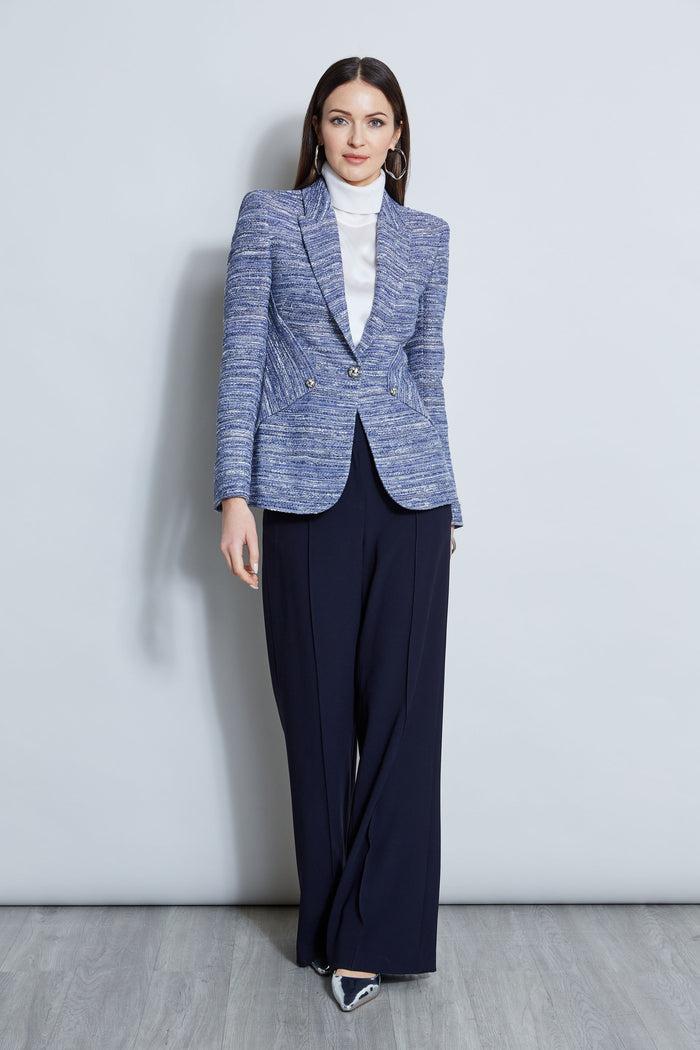 Elie Tahari Tweed Panel Single Button Blazer BLUE MULTI