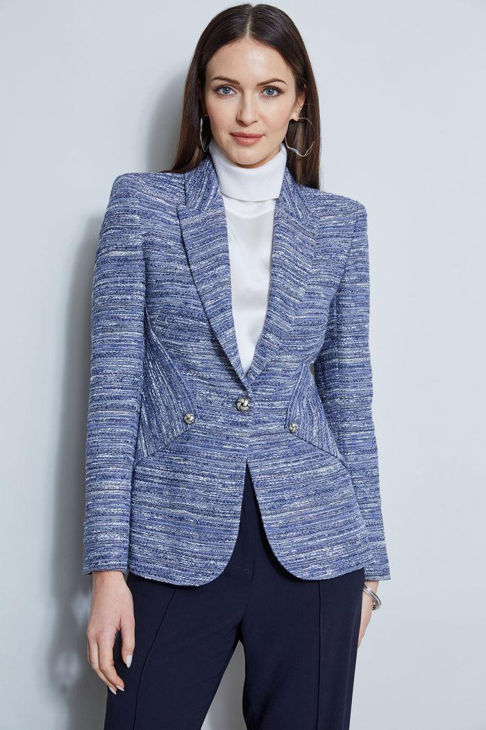 Elie Tahari Tweed Panel Single Button Blazer BLUE MULTI