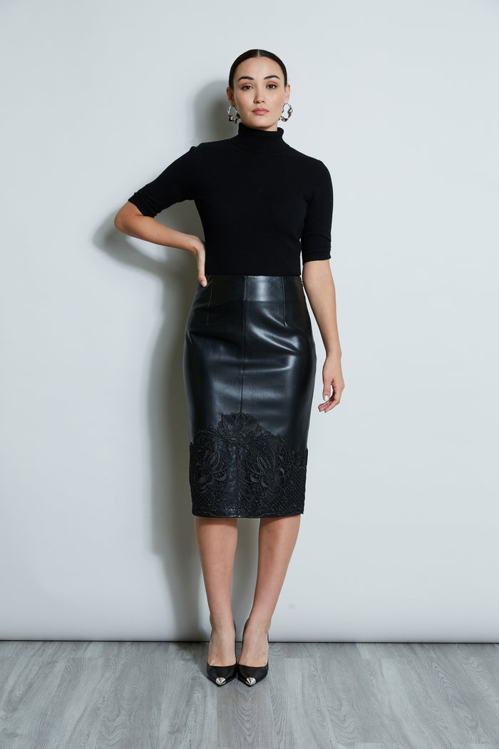 Elie Tahari Vegan Leather Applique Lace Skirt BLACK