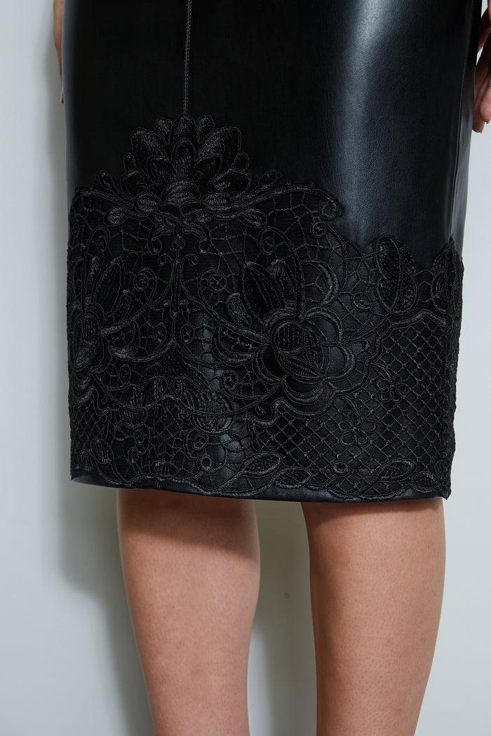 Elie Tahari Vegan Leather Applique Lace Skirt BLACK