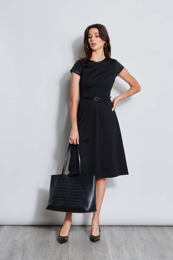 Elie Tahari Vegan Leather Short Sleeve Belted Knit Dress BLACK