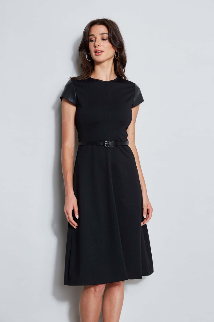 Elie Tahari Vegan Leather Short Sleeve Belted Knit Dress BLACK